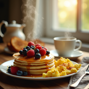 recipes Fluffy pancakes with maple syrup and fresh berries, served with scrambled eggs and coffee.