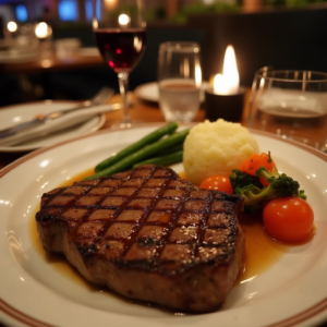 recipes Juicy grilled steak with mashed potatoes, green beans, and roasted vegetables, served in a cozy dining setting.