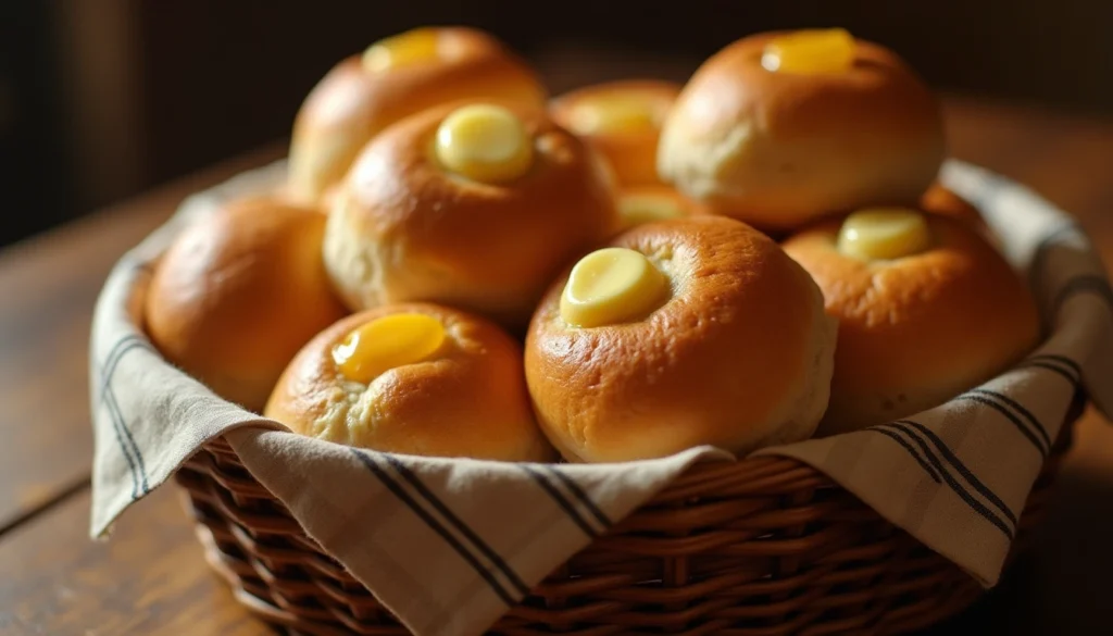 Freshly baked Logan's Roadhouse Dinner Rolls Recipe, golden and buttery, in a rustic basket.