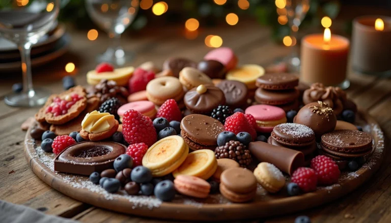 Beautifully arranged dessert board featuring chocolates, macarons, cookies, and berries on a rustic table.