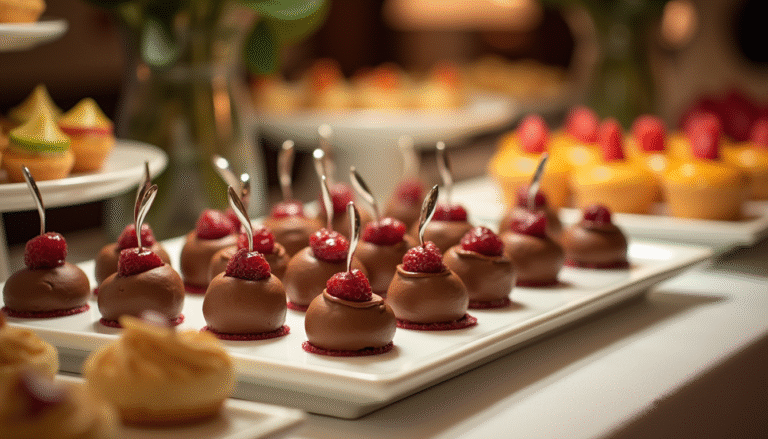 "Elegant table set with a variety of desserts like chocolate mousse, tarts, and fresh fruit, served with dessert spoons."