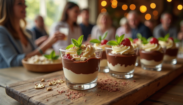 A variety of dessert cup recipes displayed on a wooden table, each topped with cream, fruit, and chocolate shavings.
