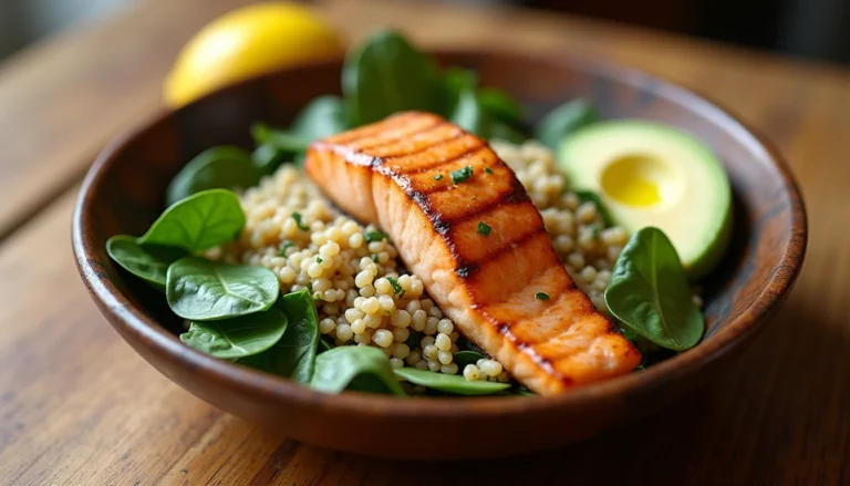 Final plated salmon quinoa bowl with spinach and avocado for PCOS dinner recipes.