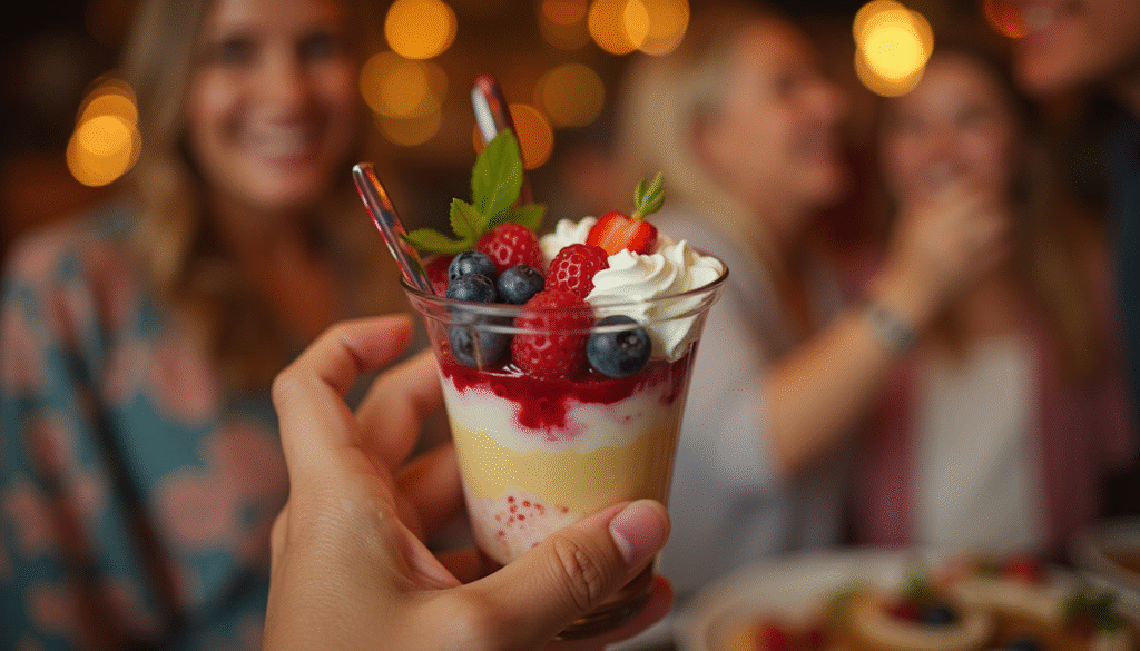 A hand holding a finished dessert cup with party guests in the background, showing layers of cream, pudding, and berries.