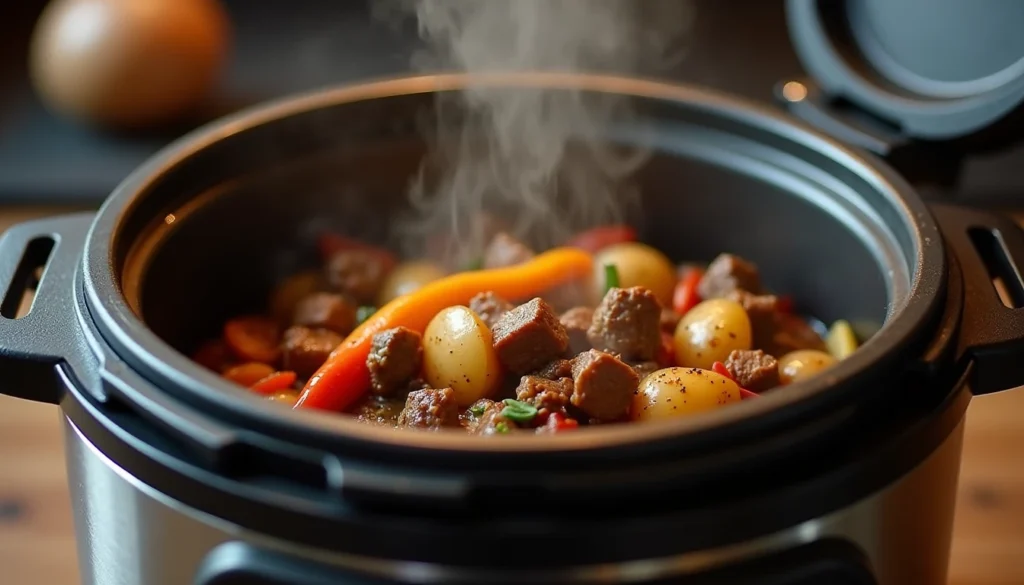 "Ninja Foodi in action with beef, potatoes, and vegetables cooking inside."