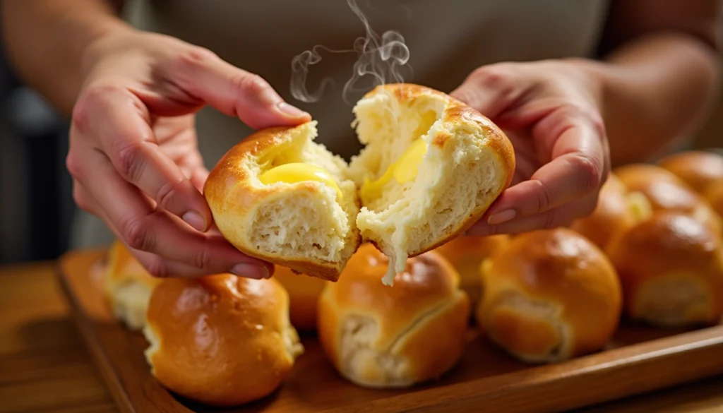 Hot, fluffy Logan's Roadhouse Dinner Roll being pulled apart, showing its soft interior.  