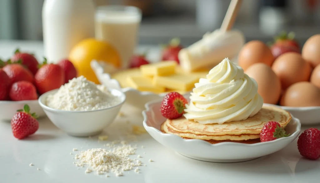 "Ingredients for desserts from the Fluffy Fluffy Dessert Cafe Menu, including flour, eggs, butter, fresh fruits, and ice cream."