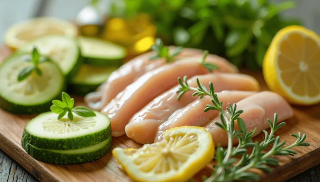 Ingredients for low FODMAP dinner recipes including zucchini, chicken, thyme, lemon, and olive oil"