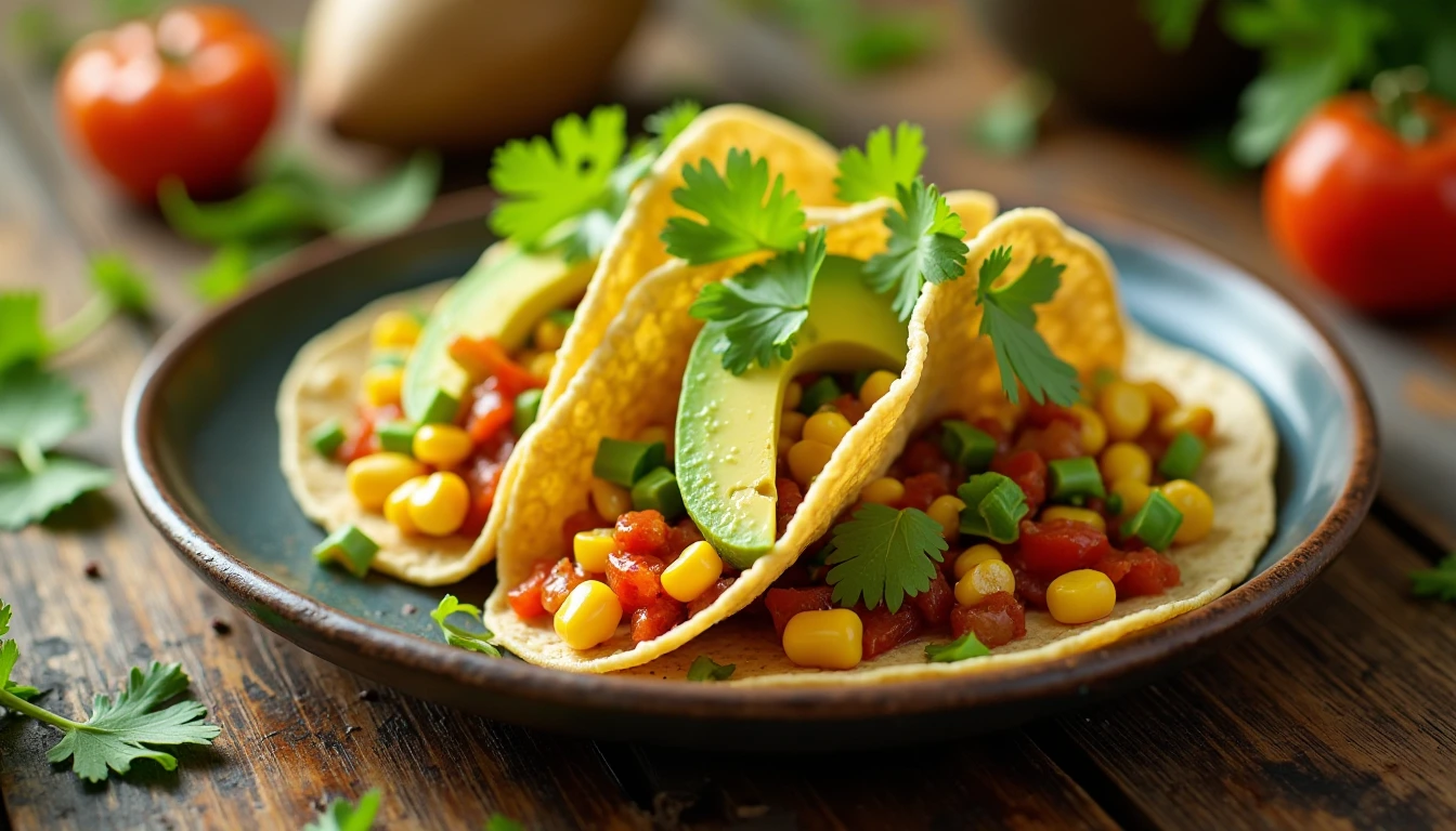 Colorful vegan summer dinner recipes tacos with avocado, corn, and chipotle crema on a rustic plate