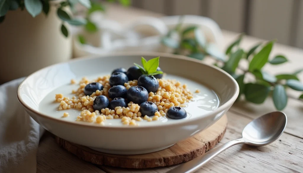 Warm quinoa porridge with blueberries and coconut milk for low histamine breakfast recipes.