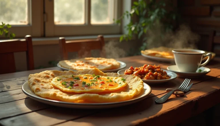 Traditional Pakistani breakfast with parathas, masala omelette, and chai