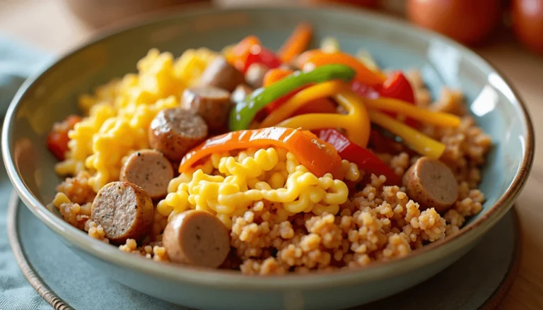 "A delicious Blackstone breakfast recipes served in a bowl, featuring scrambled eggs, sausages, hashbrowns, and colorful bell peppers."