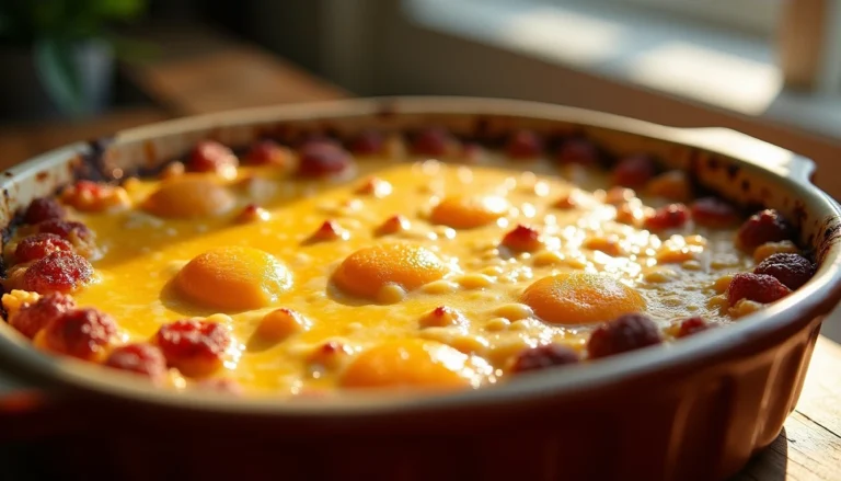 Golden-brown Paula Deen breakfast casserole fresh out of the oven, topped with melted cheese, crispy edges, and served in a rustic dish.