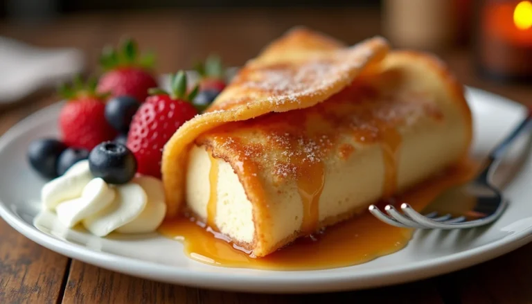 "Close-up of beautifully plated Xango dessert with creamy cheesecake filling, crispy golden tortilla shell, caramel drizzle, whipped cream, and fresh berries."