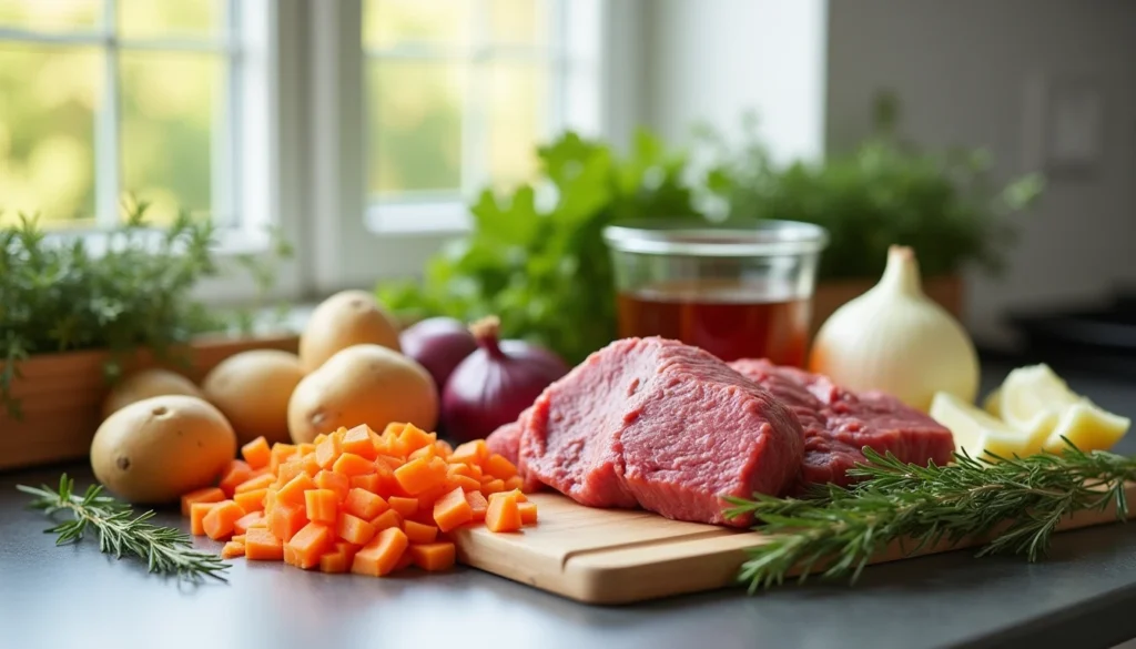 "Ingredients for Ninja Foodi dinner recipes including beef, carrots, potatoes, onions, and fresh herbs."