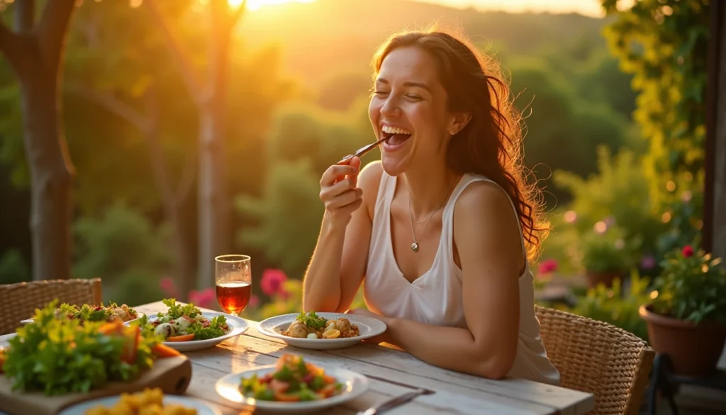 Person enjoying a vegan dinner outdoors at sunset with herbs and small dishes