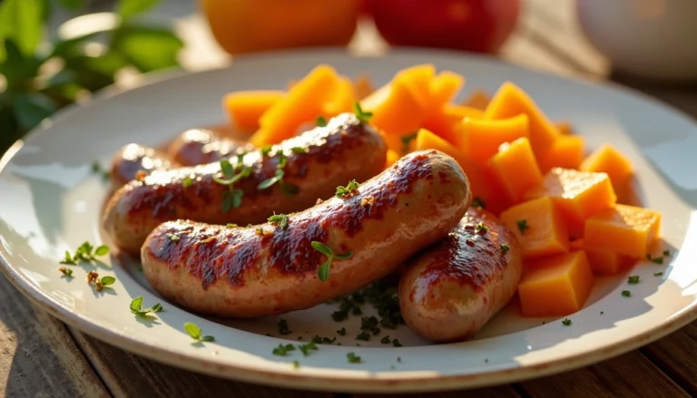 Venison breakfast sausage recipes served with sweet potato slices and fresh herbs on a breakfast table."