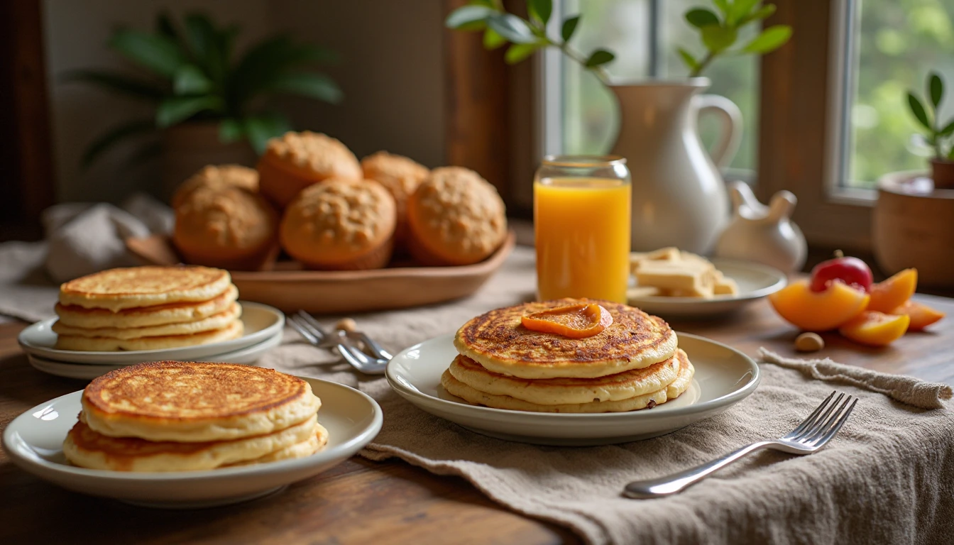 A variety of sourdough discard breakfast recipes displayed on a rustic breakfast table, including pancakes, muffins, and waffles