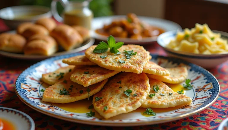 Traditional Arabic breakfast spread featuring manakish, ful medames, labneh, and fresh herbs — a perfect example of Arabic breakfast food recipes.