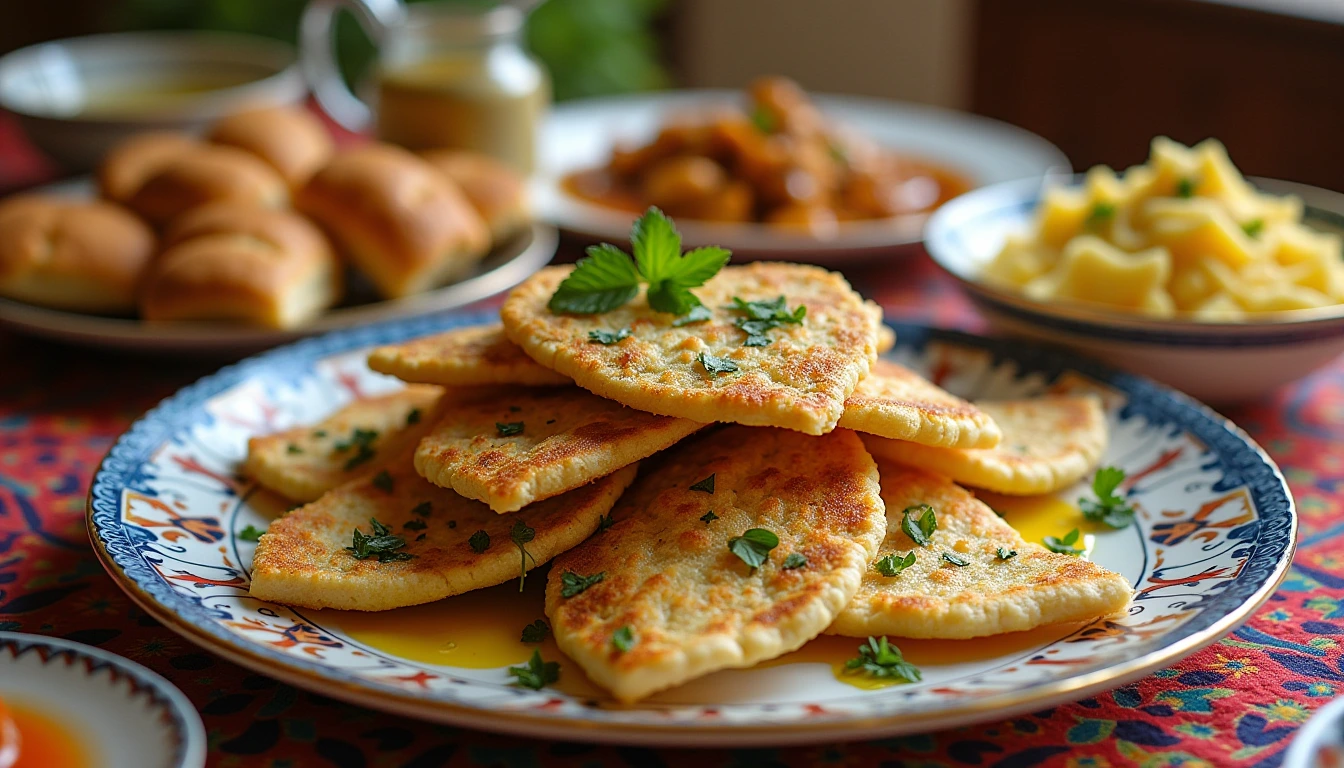Traditional Arabic breakfast spread featuring manakish, ful medames, labneh, and fresh herbs — a perfect example of Arabic breakfast food recipes.