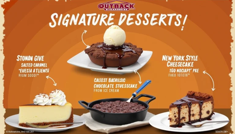 "Variety of Outback Steakhouse desserts including Chocolate Thunder from Down Under, Salted Caramel Cookie Skillet, and New York-Style Cheesecake."