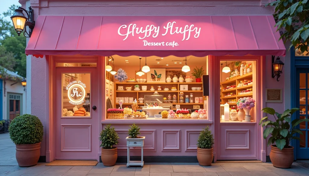 "Exterior of Fluffy Fluffy Dessert Cafe with signature desserts like cotton candy crepes, fluffy pancakes, and ice cream sandwiches from the Fluffy Fluffy Dessert Cafe Menu."