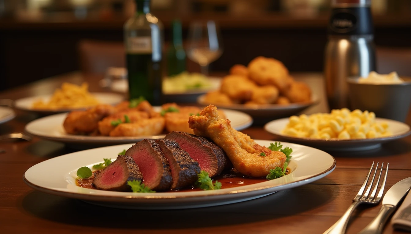 "Ninja Foodi dinner recipes served on a warm wooden table including roasted beef, mac and cheese, and crispy chicken."
