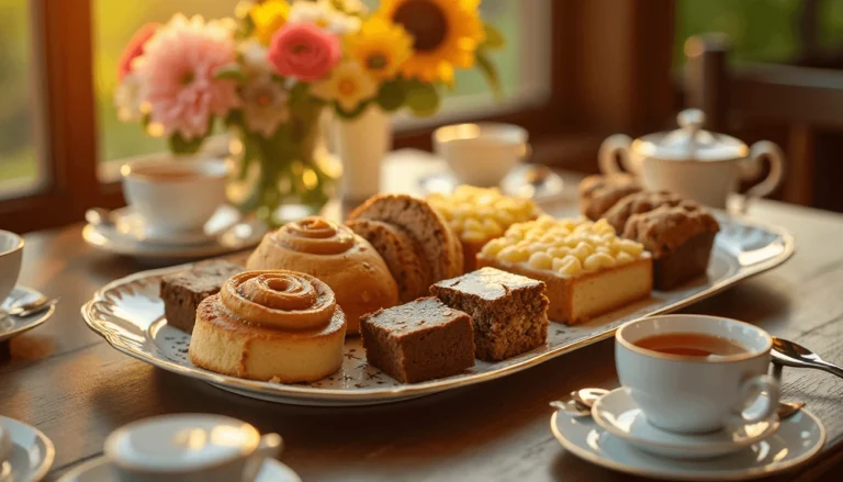 Assorted sourdough dessert recipes including cinnamon rolls, lemon cake, and brownies on a serving platter.