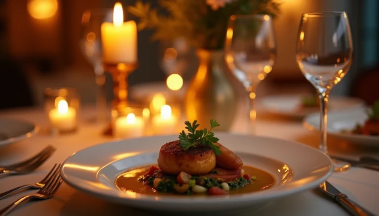 "Elegant dinner table setup with fine dinnerware, wine glasses, candles, and a beautifully plated gourmet meal, perfect for hotel dinner recipes in a cozy, romantic setting."