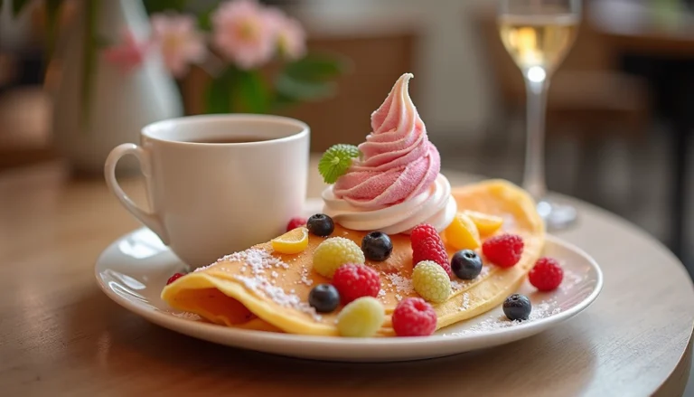 "A plated dessert from the Fluffy Fluffy Dessert Cafe Menu, featuring cotton candy crepes with whipped cream and fresh fruits."