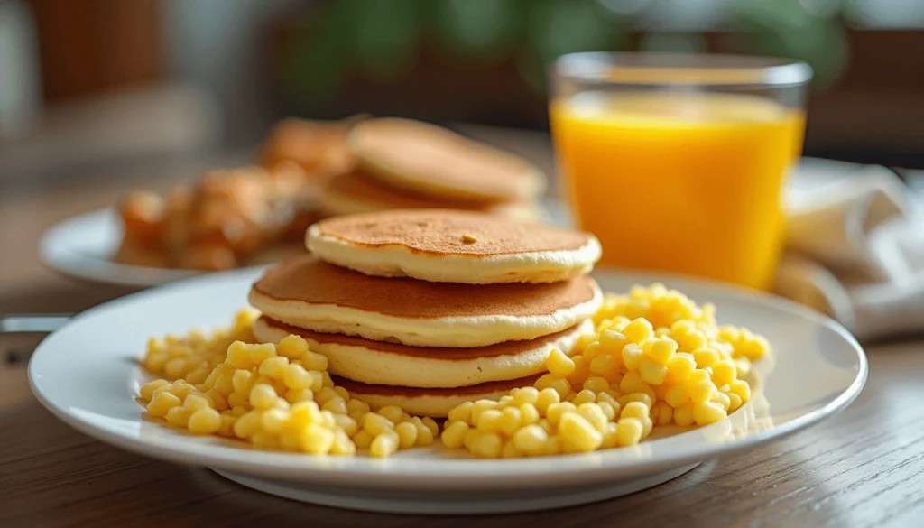 "An inspiring Blackstone breakfast recipe with golden-brown pancakes, scrambled eggs, and fresh juice, elegantly plated."  