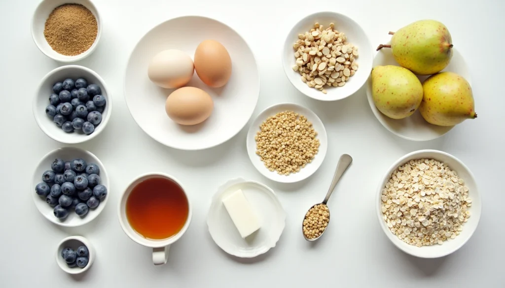 Fresh ingredients for low histamine breakfast recipes including quinoa flakes, coconut milk, and blueberries.