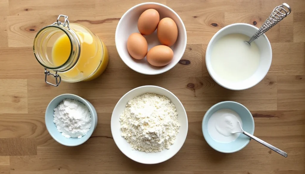 Ingredients for sourdough discard pancakes including flour, eggs, baking soda, milk, and a jar of sourdough discard.
