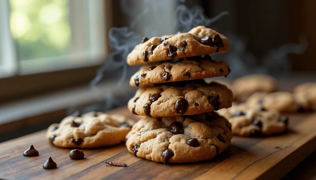 Fresh sourdough chocolate chip cookies on a wooden board, showcasing the richness of sourdough dessert recipes.