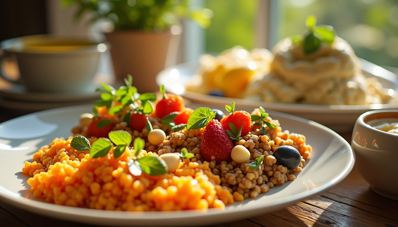 Colorful spread of low histamine breakfast recipes featuring quinoa porridge, yogurt parfait, and sweet potato hash.