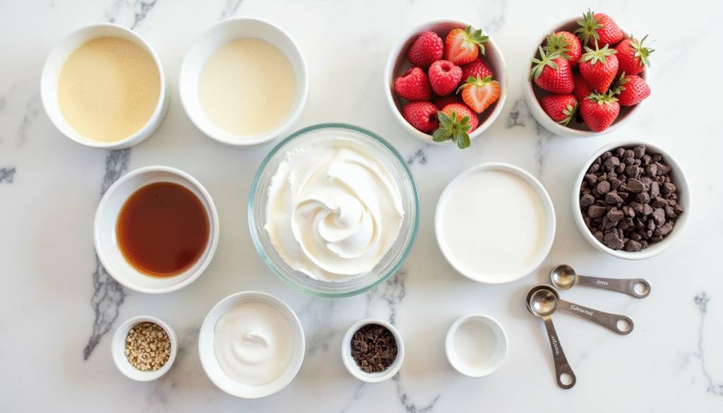 Ingredients for dessert cup recipes arranged on a kitchen counter, including pudding mix, fruits, whipped cream, and cookie crumbs.
