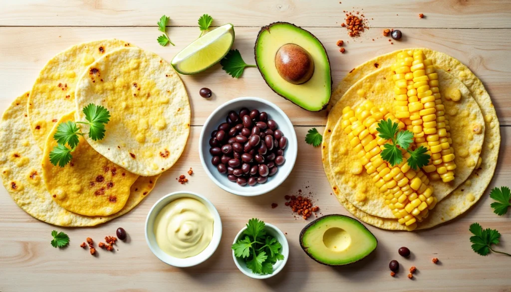 Flat lay of vegan summer dinner recipes taco ingredients including tortillas, black beans, corn, avocado, and cilantro