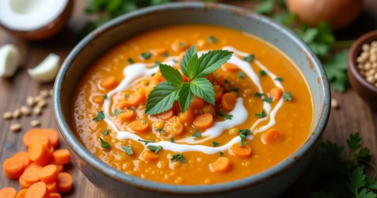 "A beautifully styled bowl of creamy carrot and lentil soup made with frozen diced carrots, garnished with fresh herbs and a swirl of coconut milk, showcasing a delicious and healthy Diced Carrot Frozen Recipes for Dinner