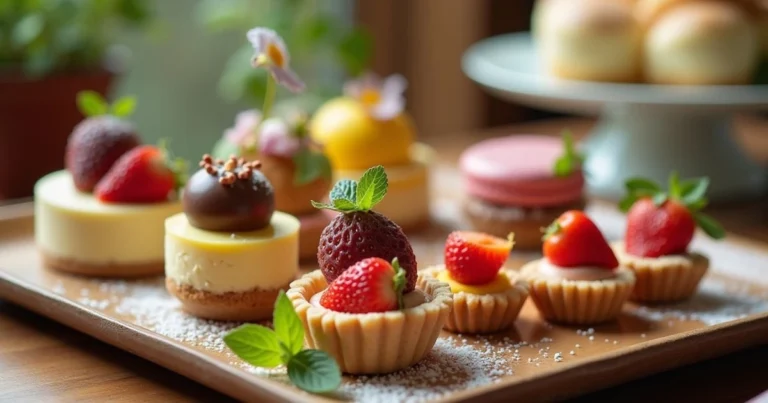 A colorful dessert tray with assorted mini sweets, including fruit tarts and cheesecake bites, styled for a party.