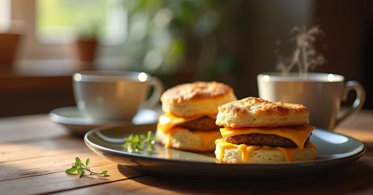 A warm plate of biscuit breakfast recipes sandwiches with sausage, egg, and cheese on a rustic table, perfect for busy mornings.