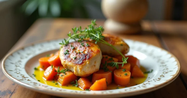 Beautifully plated AIP dinner recipes featuring roasted chicken thighs with sweet potatoes, carrots, and fresh herbs.