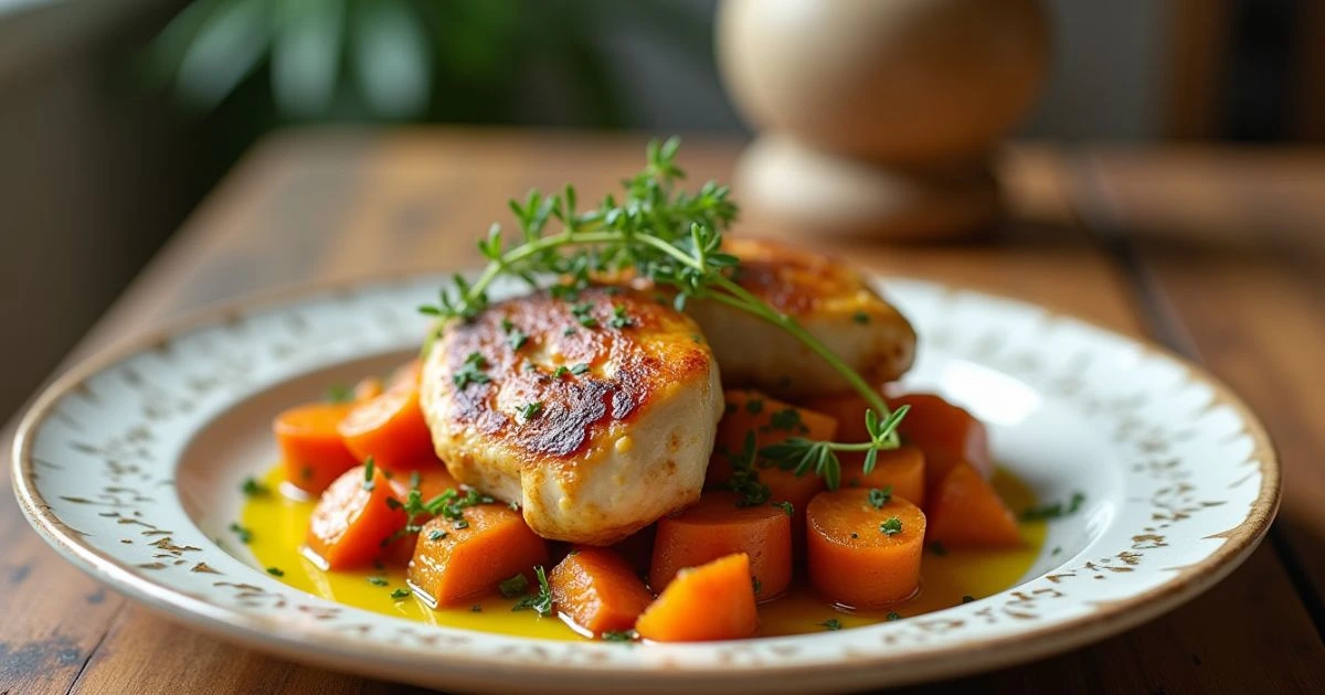 Beautifully plated AIP dinner recipes featuring roasted chicken thighs with sweet potatoes, carrots, and fresh herbs.