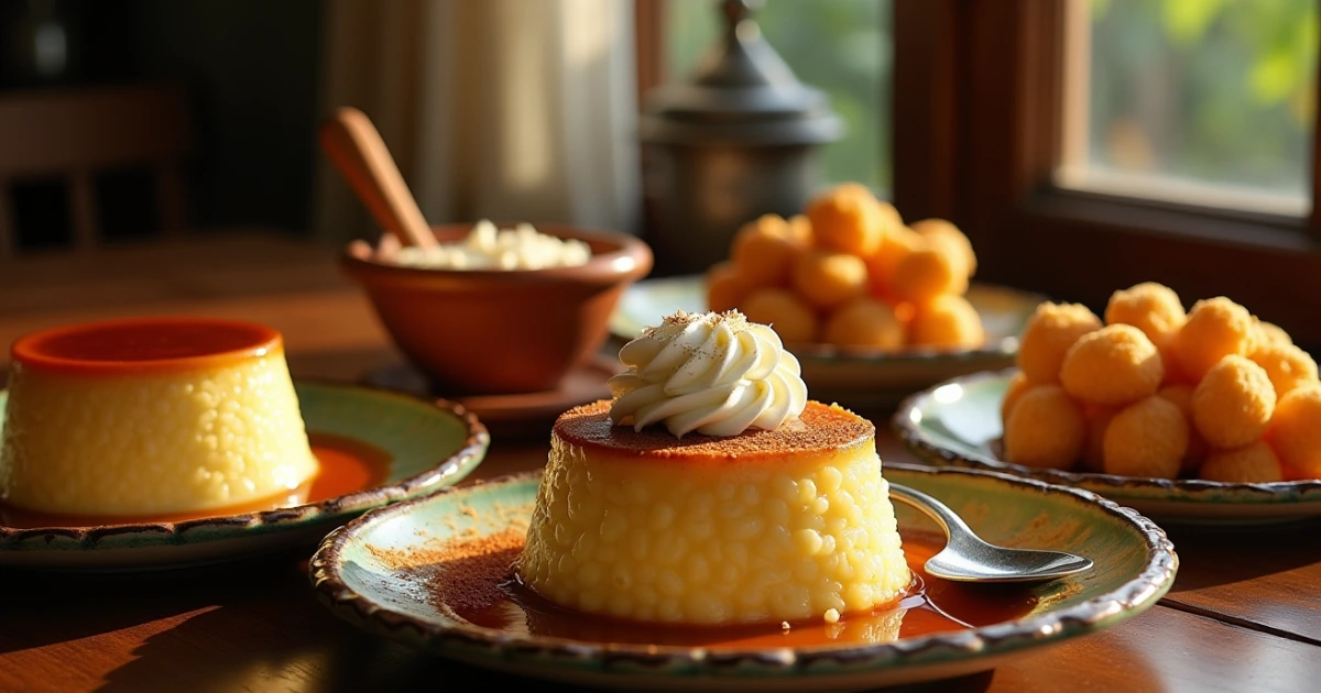 A variety of traditional Cuban desserts including flan, tres leches, arroz con leche, pastelitos, and buñuelos arranged on a rustic table.
