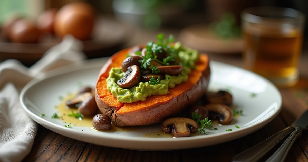 Roasted sweet potatoes stuffed with sautéed mushrooms and mashed avocado, topped with herbs – a cozy twist on dinner recipes with mushrooms and avocado recipe.