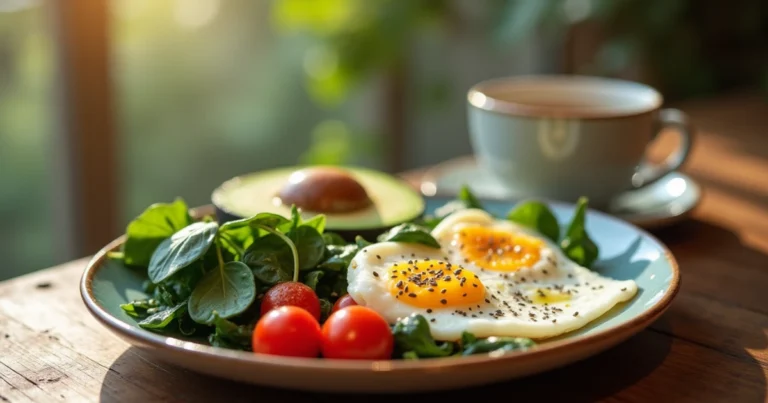 Wholesome low-carb breakfast with avocado, egg, spinach, and cherry tomatoes for PCOS breakfast recipes