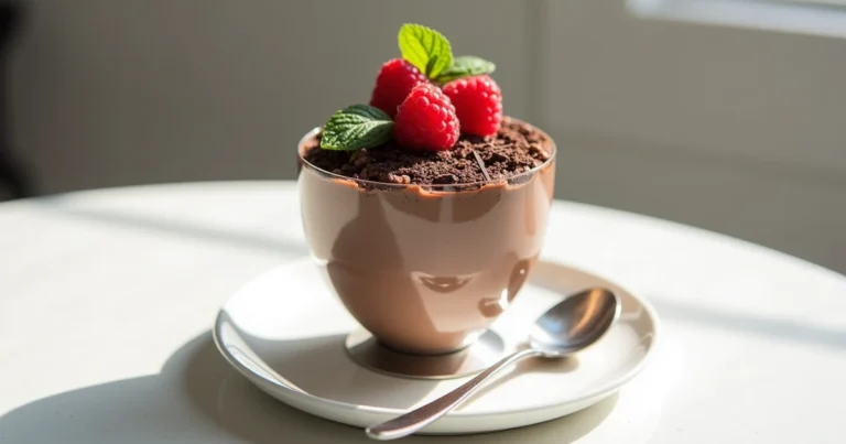 Elegant chocolate mousse served in a Gense dessert cup with raspberry garnish and mint.
