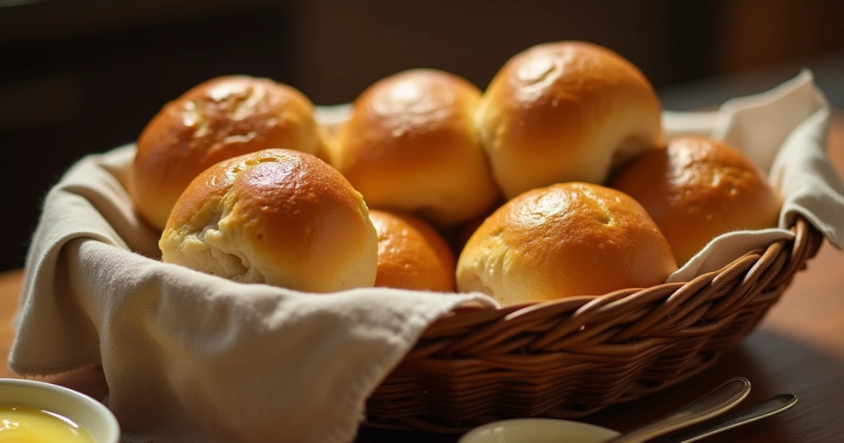 Golden Corral dinner roll recipe finished rolls in a basket with melted butter on top