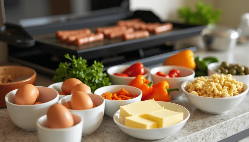 "Ingredients for a Blackstone breakfast recipes, including eggs, sausages, bell peppers, hashbrowns, and butter."  