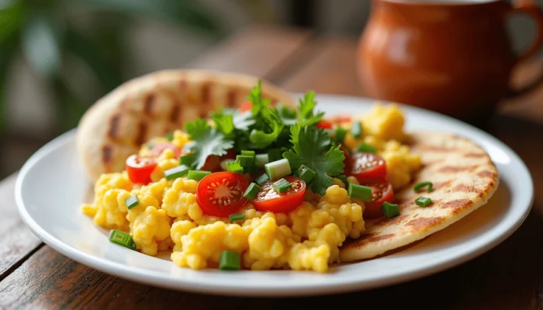 "A delicious plate of Huevos Pericos served with arepas and coffee, showcasing fluffy scrambled eggs with tomatoes and green onions – a classic Colombian breakfast."