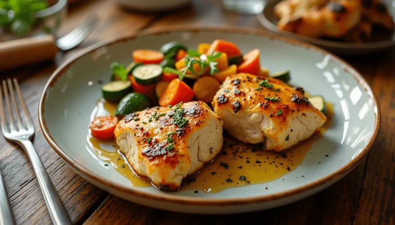 Garlic herb chicken thighs with roasted vegetables served as part of Whole 30 dinner recipes on a rustic plate.